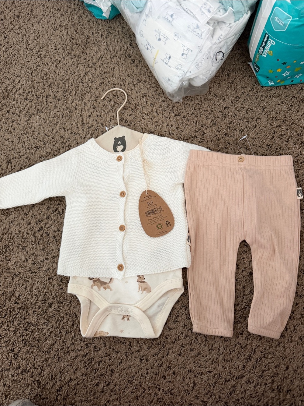 Rabbit + Bear Cream Knit Baby Cardigan with Ribbed Pants and Dog Pattern Onesie